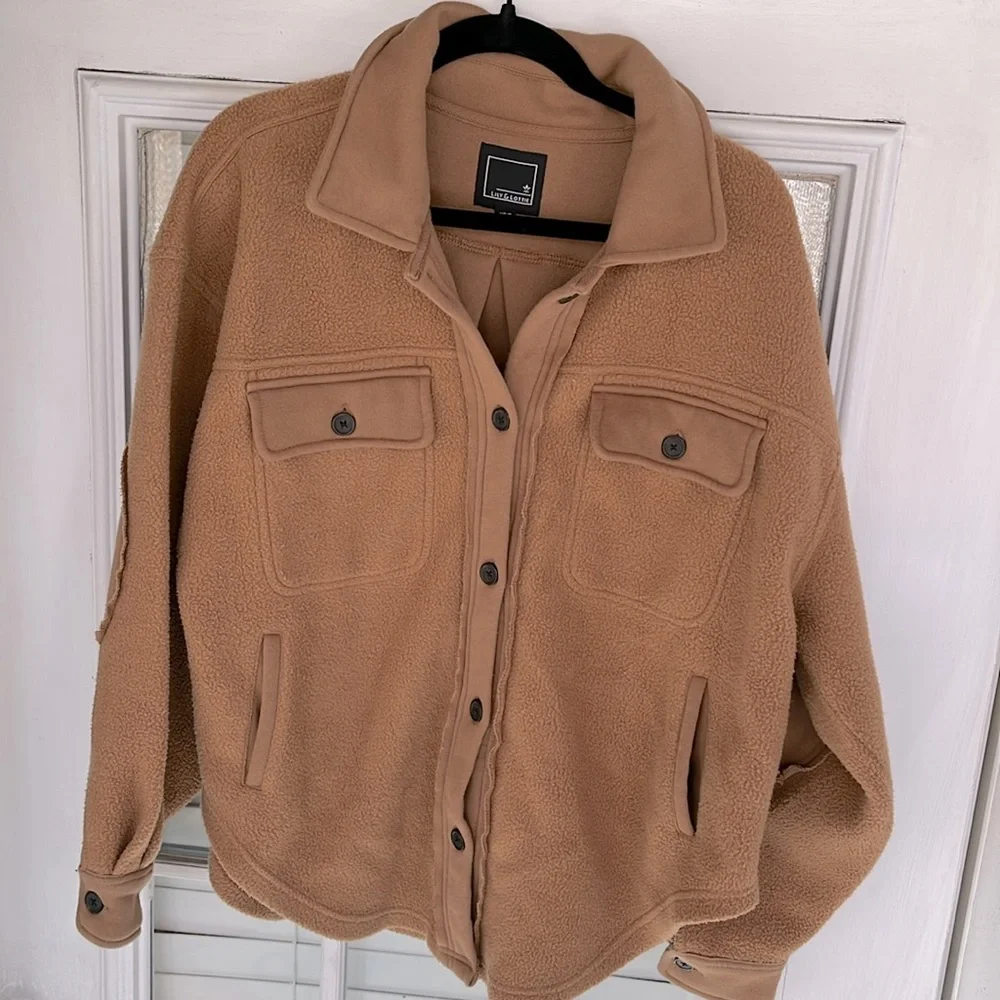 Lily & Lottie Taupe Wilder Sherpa Shacket with Front Pockets and Patched Elbows - Picture 3 of 8